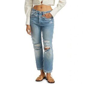 FRAME Le High Straight Layered Look Distressed Jeans Frayed Edge Light Wash 27